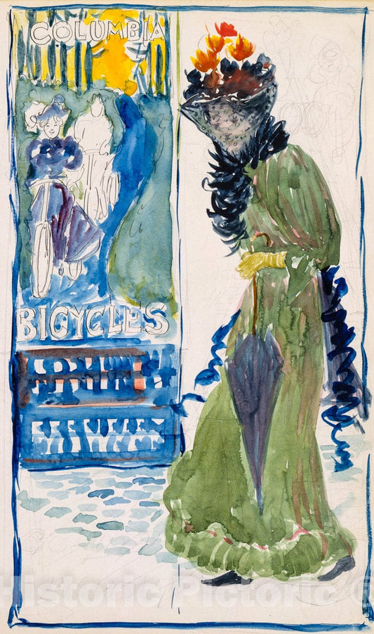 Art Print : Prendergast  - Large Boston Public Garden Sketchbook: Design for a bicycle poster : Vintage Wall Art