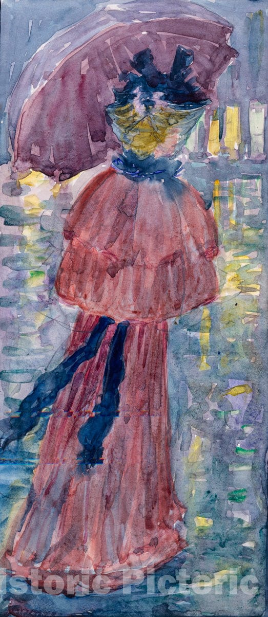 Art Print : Prendergast  - Large Boston Public Garden Sketchbook: A woman walking in the rain under an umbrella : Vintage Wall Art