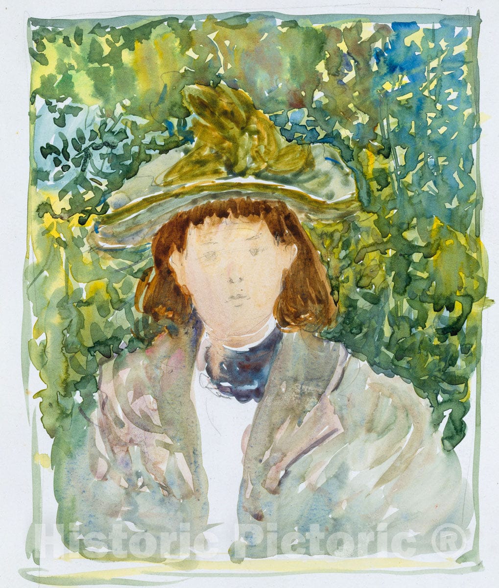 Art Print : Prendergast  - Large Boston Public Garden Sketchbook: A woman with red hair wearing a green plumed hat. : Vintage Wall Art