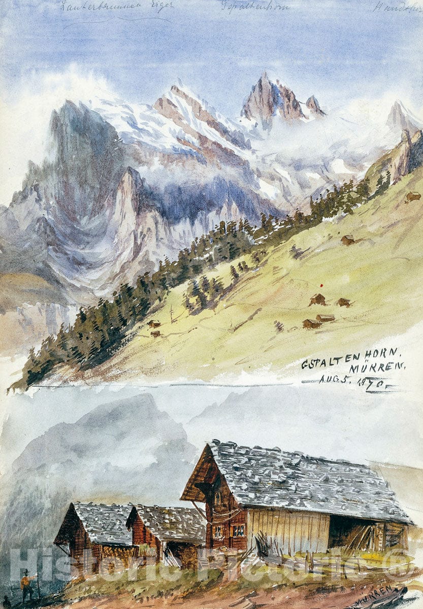 Art Print : John Singer Sargent - Gspaltenhorn, Mürren (from "Splendid Mountain Watercolours" Sketchbook) : Vintage Wall Art