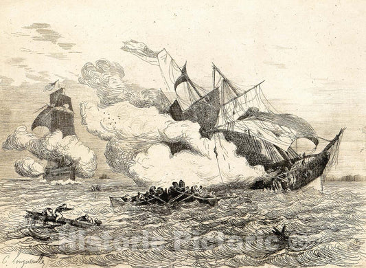 Art Print : Charles Longueville - Combat Naval (L'Alabama coulant sous le feu de Kearsage) : Vintage Wall Art