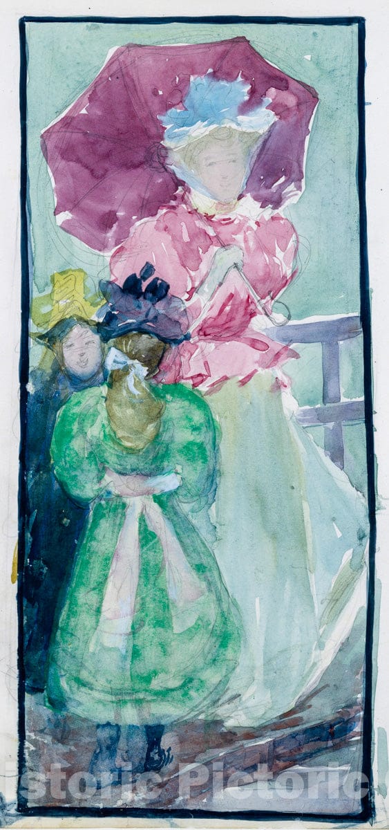 Art Print : Prendergast  - Large Boston Public Garden Sketchbook: Two young girls and a woman with a parasol : Vintage Wall Art