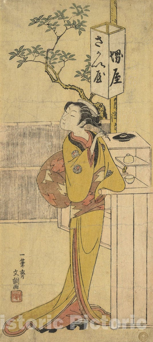 Art Print : Ippitsusai Bunch? - A Waitress of the Sakai-ya Teahouse Standing and Looking : Vintage Wall Art