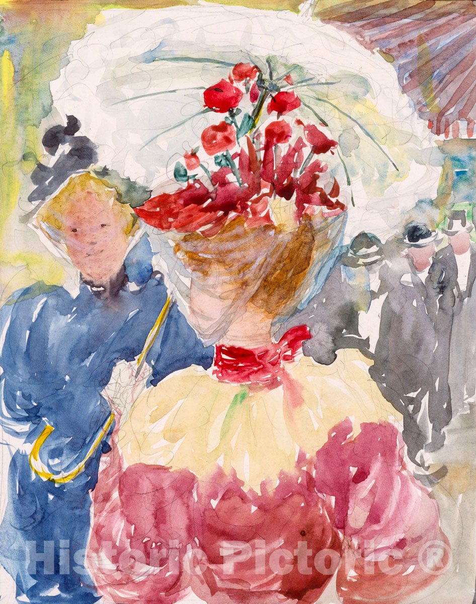 Art Print : Prendergast  - Large Boston Public Garden Sketchbook: Two women conversing on the street : Vintage Wall Art