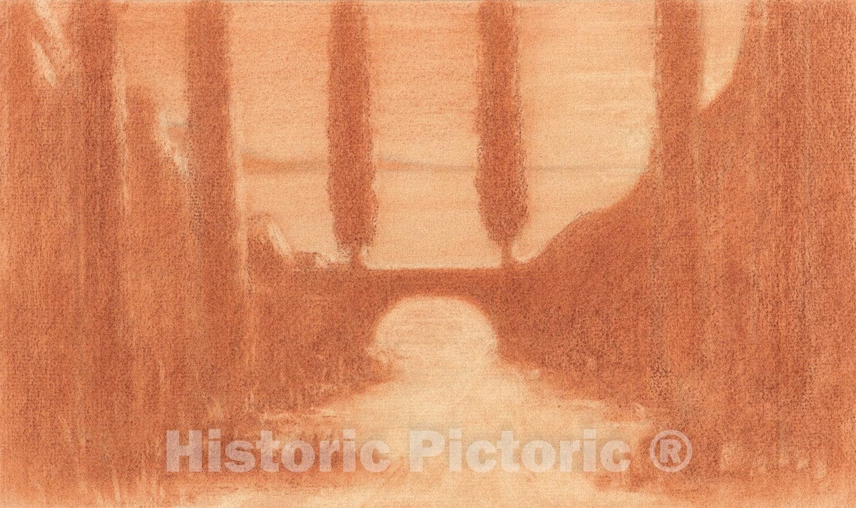 Art Print : Herbert E. Crowley - Landscape with Bridge and Cypress Trees : Vintage Wall Art
