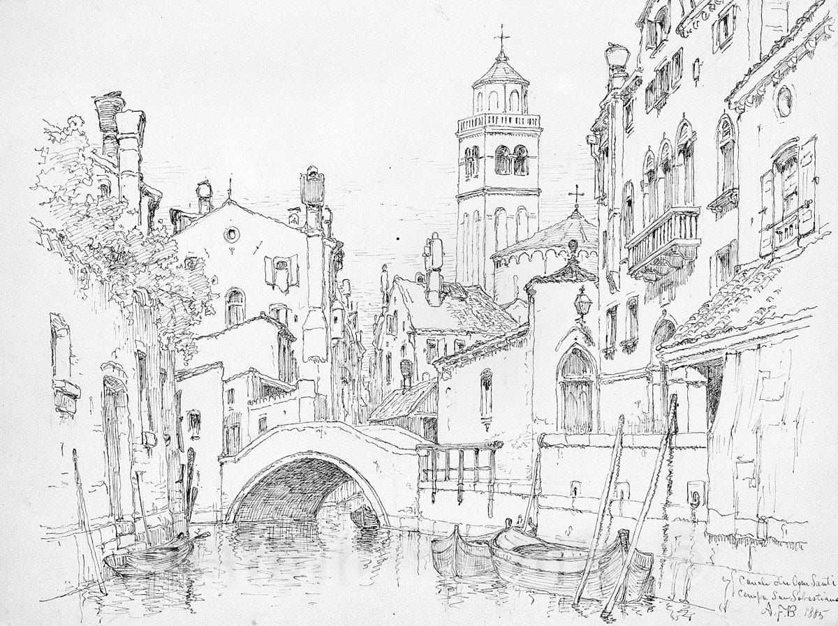 Art Print : Andrew Fisher Bunner - Canale dei Agni Santi, Campo San Sebastiano, Venice : Vintage Wall Art