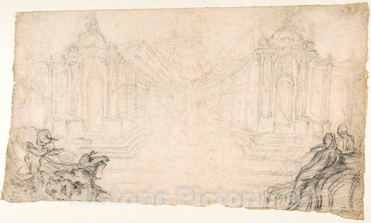 Art Print : Attributed to Laurent Hubert - Design for a Festival Display of Fireworks (recto) : Vintage Wall Art