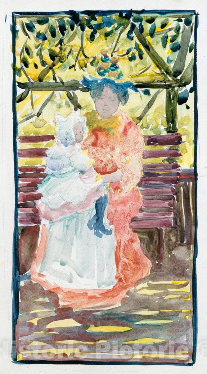 Art Print : Prendergast  - Large Boston Public Garden Sketchbook:  A  nanny with her charge : Vintage Wall Art
