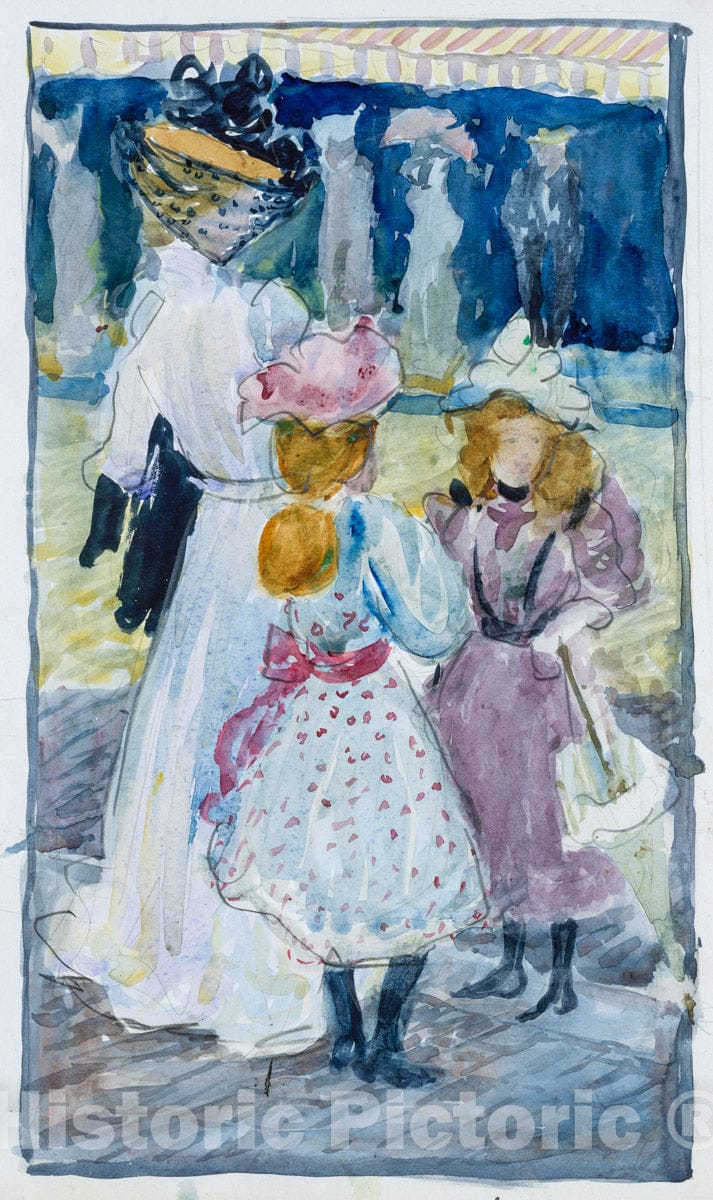 Art Print : Prendergast  - Large Boston Public Garden Sketchbook: Two girls and a woman in a veiled hat : Vintage Wall Art