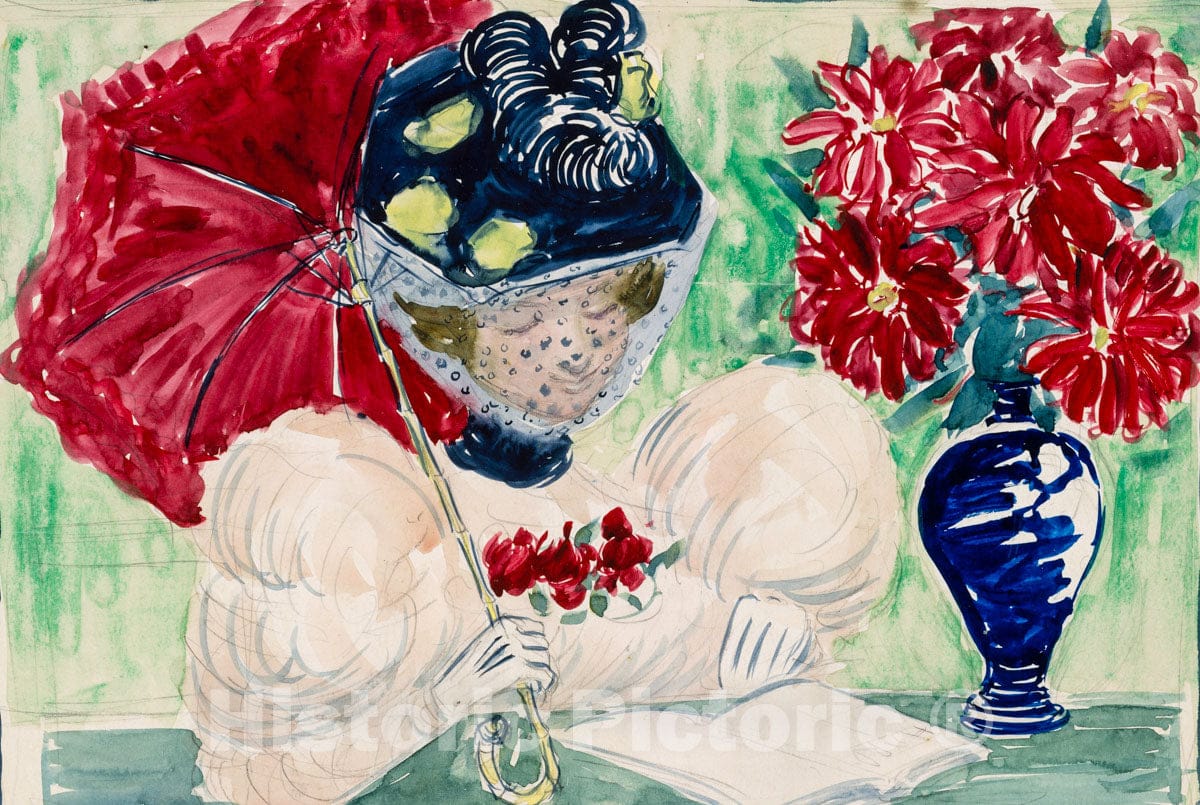 Art Print : Prendergast  - Large Boston Public Garden Sketchbook: A Woman Reading a Book : Vintage Wall Art
