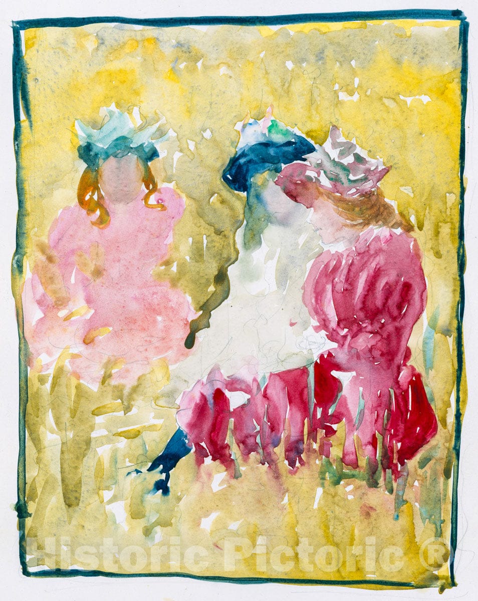 Art Print : Prendergast  - Large Boston Public Garden Sketchbook: Three girls sitting on the grass : Vintage Wall Art