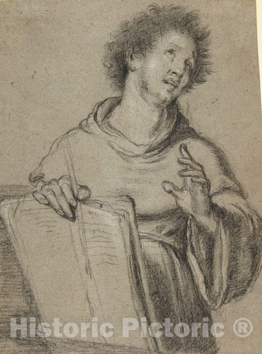 Art Print : Bernardo Strozzi - Half-Length Study of a Monk Holding a Book and a Long Implement : Vintage Wall Art