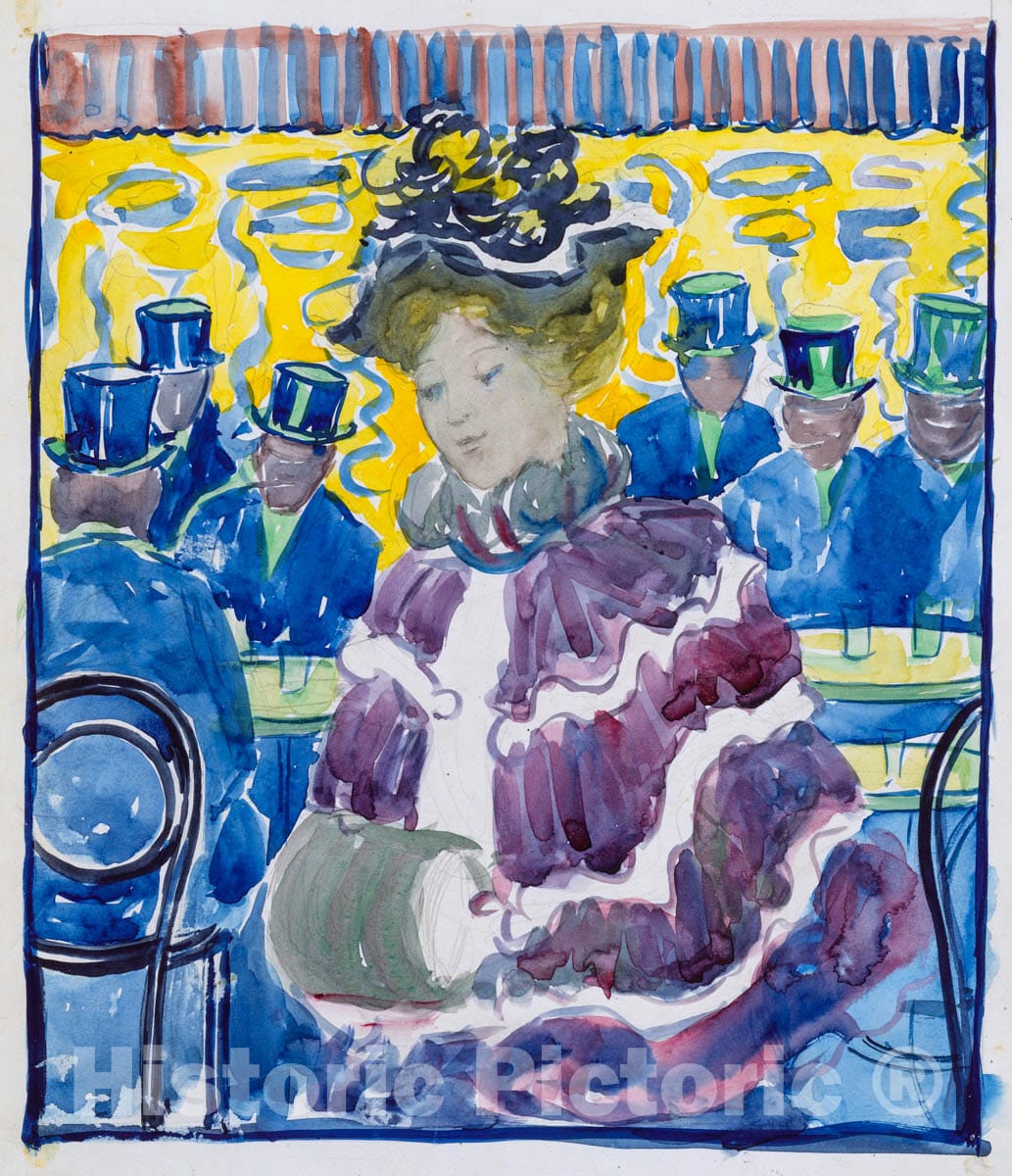 Art Print : Prendergast  - Large Boston Public Garden Sketchbook: A  woman passing a café : Vintage Wall Art