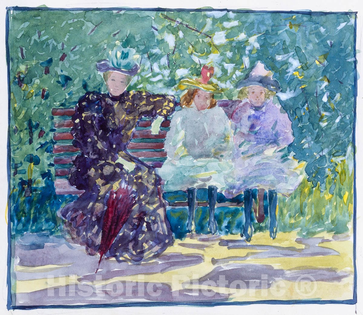 Art Print : Prendergast  - Large Boston Public Garden Sketchbook:  A  woman and two girls sitting in the park : Vintage Wall Art