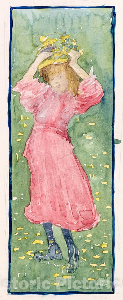 Art Print : Prendergast  - Large Boston Public Garden Sketchbook: A girl holding her hat : Vintage Wall Art