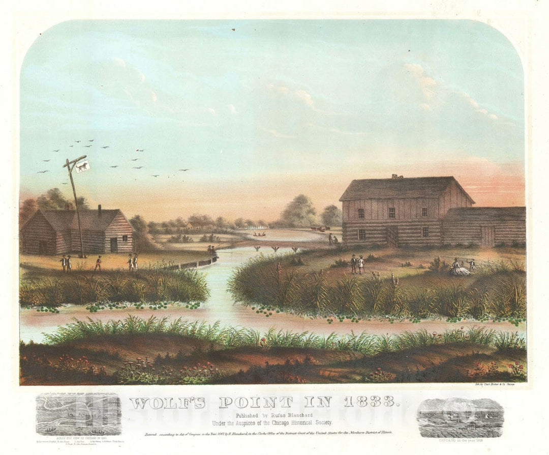 Art Print : View of Wolf's Point, Chicago, in 1833, Blanchard, 1867, Vintage Wall Art