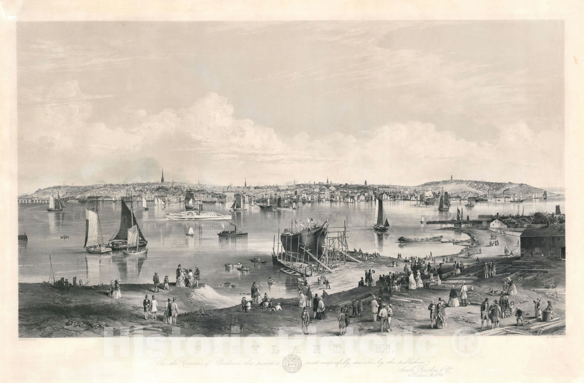Art Print : Bird's Eye View Portland, Maine, Hill, 1855, Vintage Wall Art