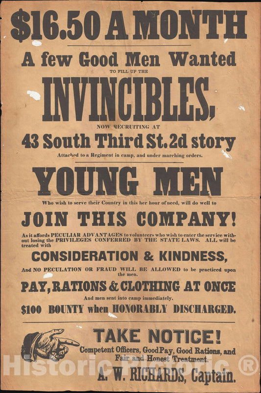 Art Print : Civil War Broadsheet Recruiting Poster for 'Invincibles', 1861, Vintage Wall Art