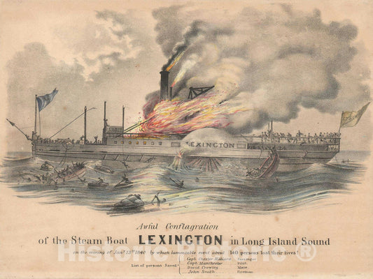 Art Print : Steamboat Lexington Disaster, Long Island, New York, View of the, 1840, Vintage Wall Art