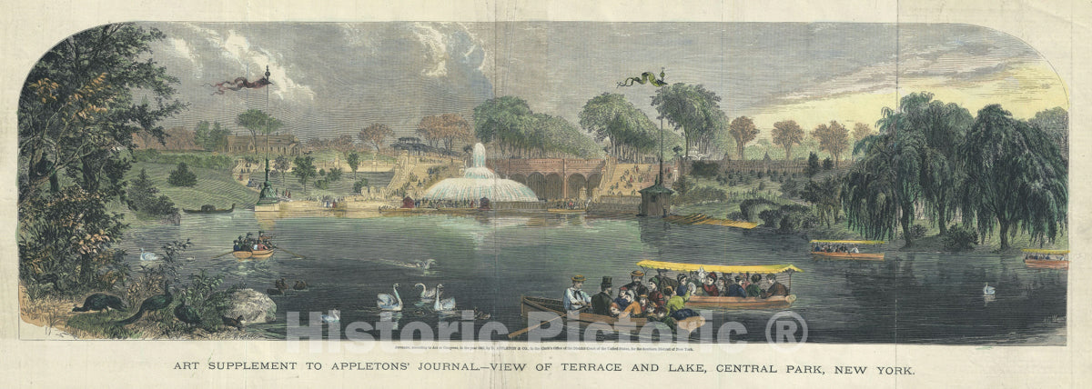 Art Print : View of Terrace and Lake in Central Park, New York City, Appleton, 1869, Vintage Wall Art
