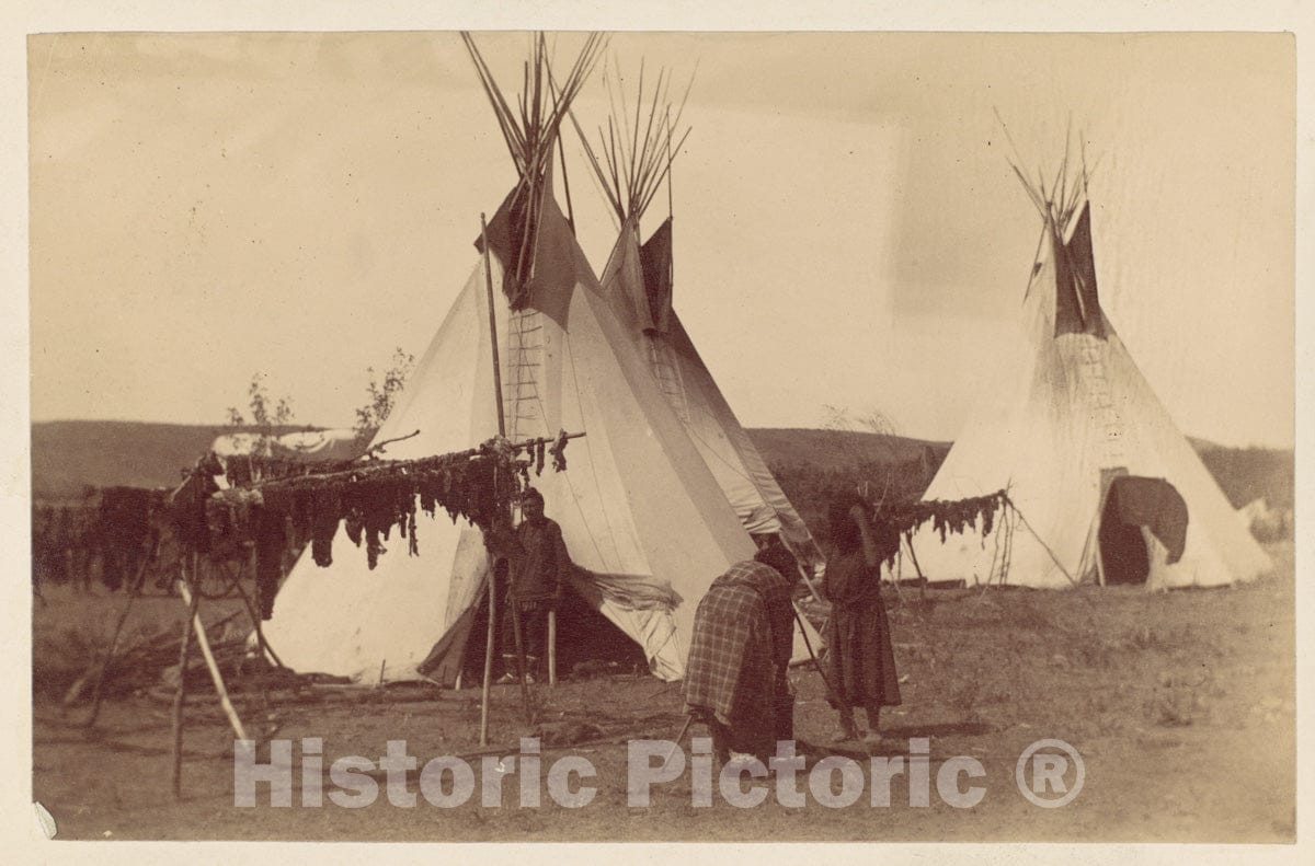Photo Print : Native American Woman in Camp with Racks of Drying Meat : Vintage Wall Art