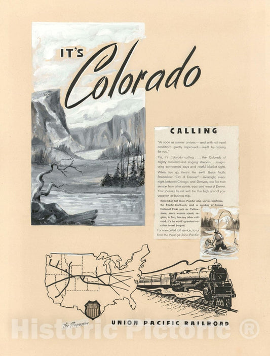 Art Print : Manuscript Draft Edition Ad of The Union Pacific Route to Colorado, 1946, Vintage Wall Art