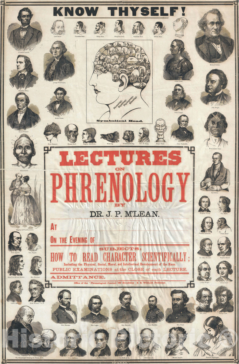 Art Print : Phrenology Broadsheet Poster, S. R. Wells, 1870, Vintage Wall Art