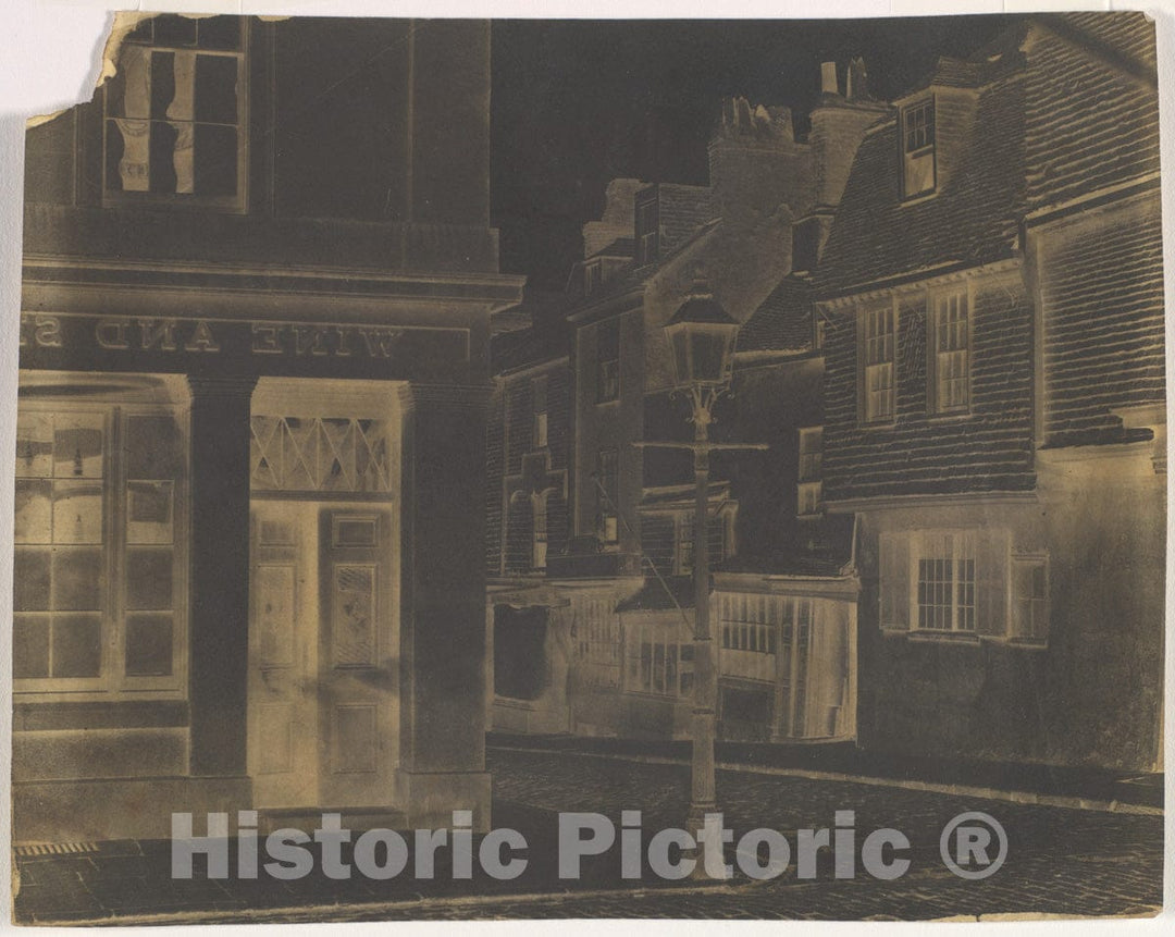 Art Print : Street with Lamp Post and Wine Shop - Artist Unknown : Vintage Wall Art