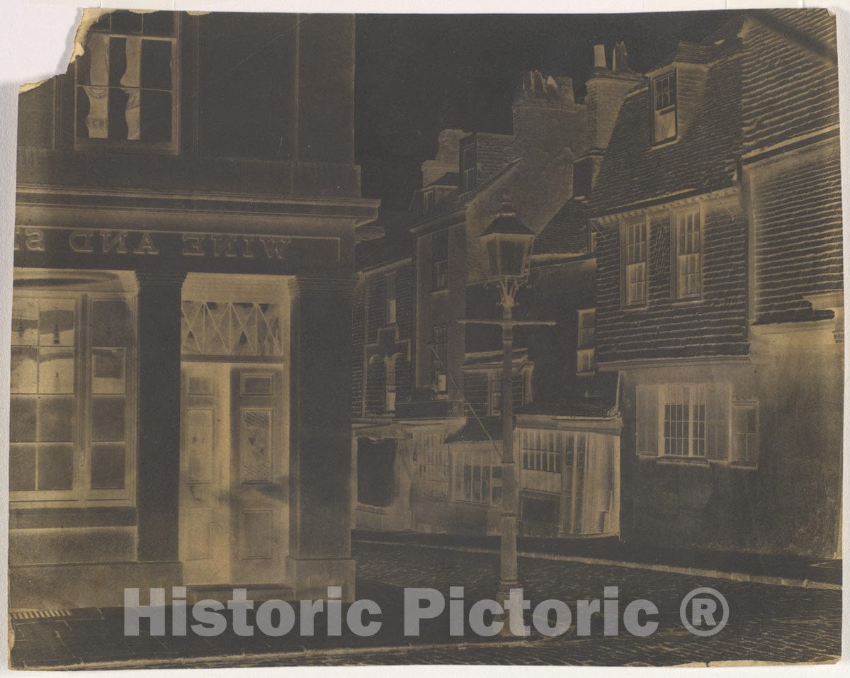 Art Print : Street with Lamp Post and Wine Shop - Artist Unknown : Vintage Wall Art