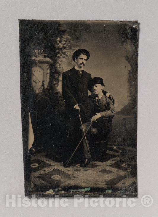 Art Print : Two Young Men Crossing Their Walking Sticks - Artist Unknown : Vintage Wall Art