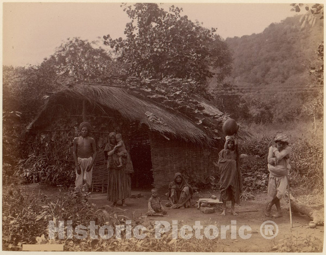 Photo Print : Thatched House, People in Foreground, Telegraph Lines in Background : Vintage Wall Art
