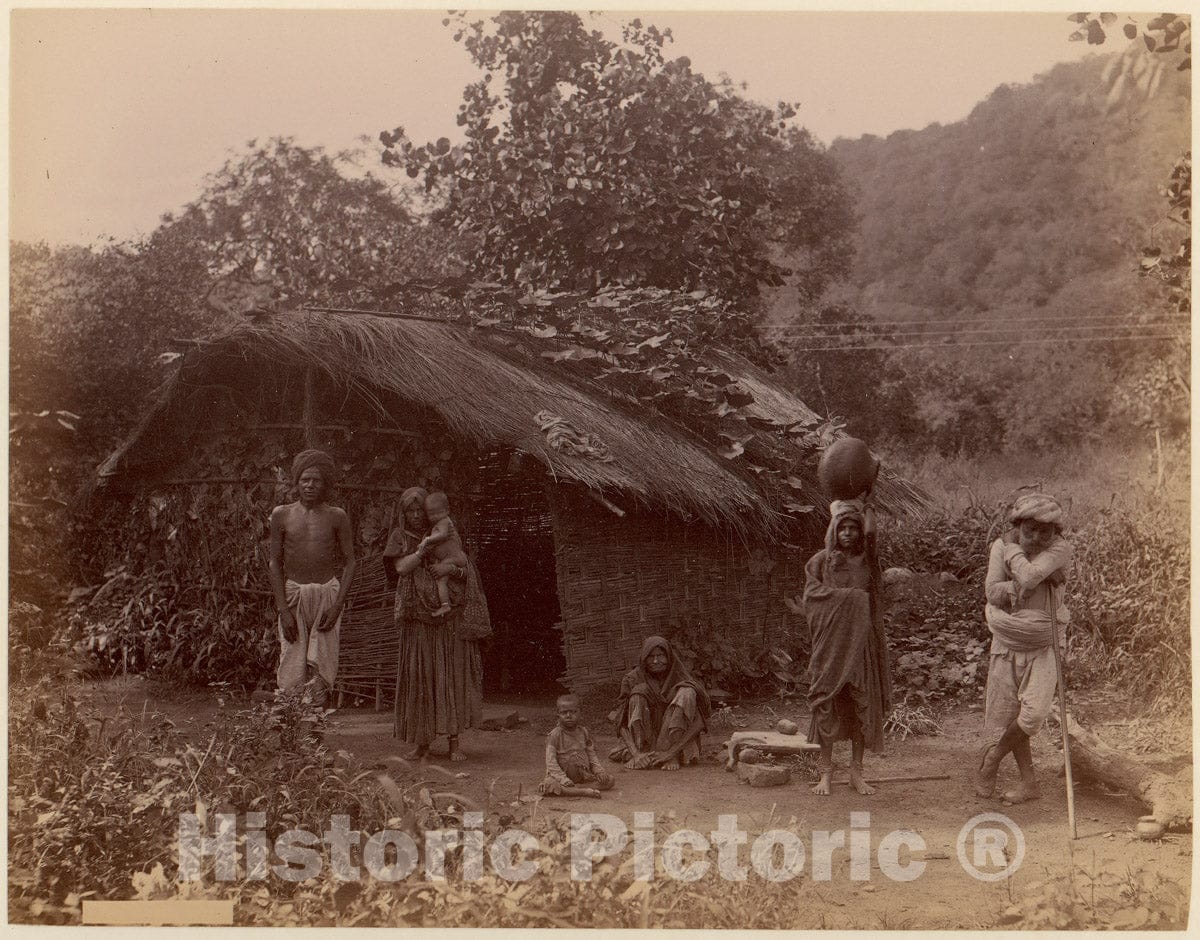 Photo Print : Thatched House, People in Foreground, Telegraph Lines in Background : Vintage Wall Art