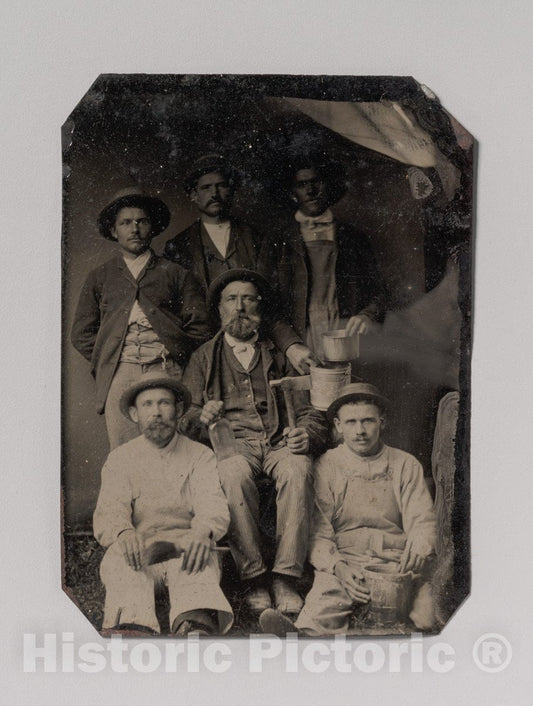 Art Print : Six Workmen Holding Various Trade Tools: Paint Brushes, Bucket, Glass Bottle, and Hatchet - Artist Unknown : Vintage Wall Art