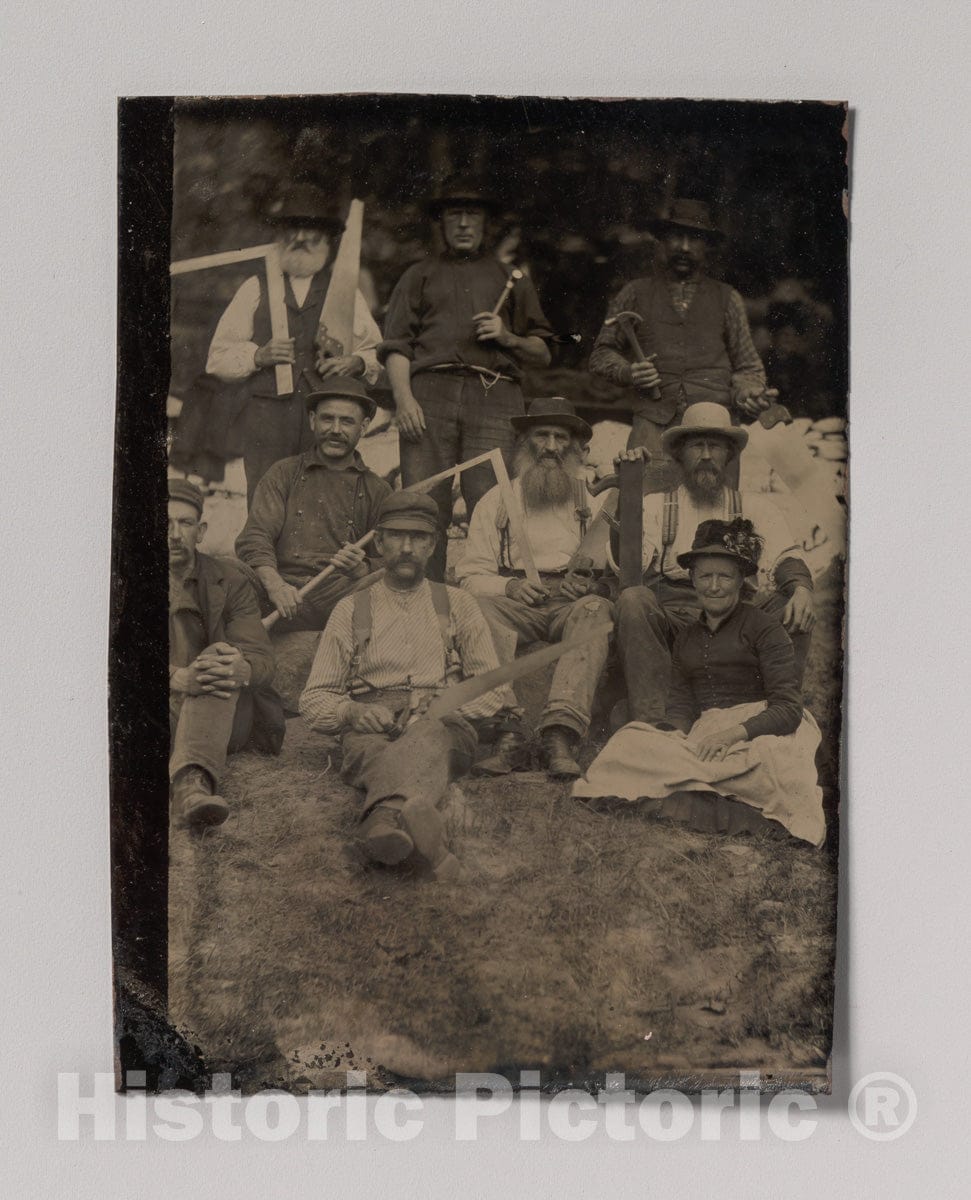Art Print : A Woman and Eight Carpenters Posed Outdoors - Artist Unknown : Vintage Wall Art