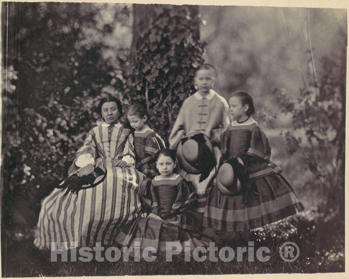 Photo Print : Franz Antoine - Seated Lady in Striped Dress with Four Little Girls : Vintage Wall Art