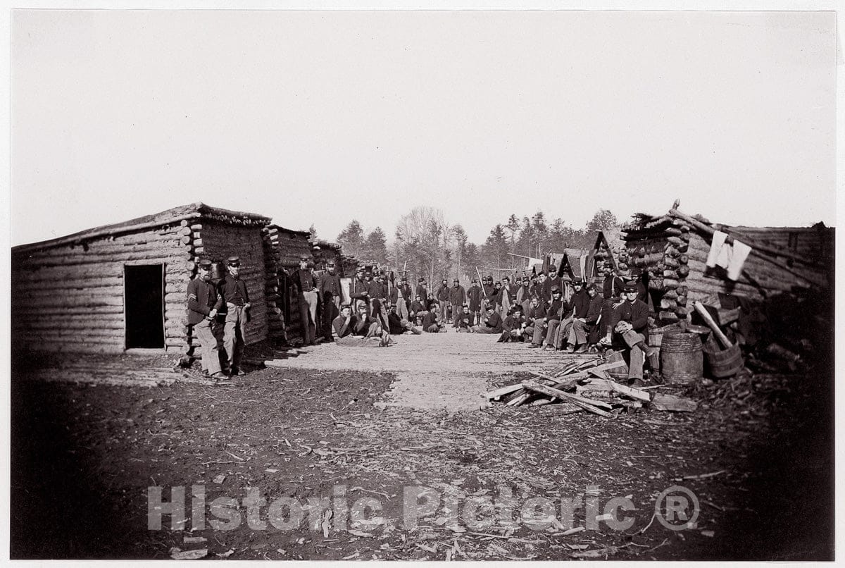 Photo Print : Formerly Mathew B. Brady - Winter Quarters, Troops with Row of Cabins. Brady Album, p. 128 1 : Vintage Wall Art