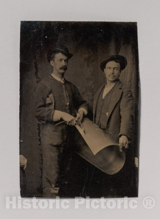 Art Print : Two Tinsmiths Cutting a Curled Sheet of Metal - Artist Unknown : Vintage Wall Art