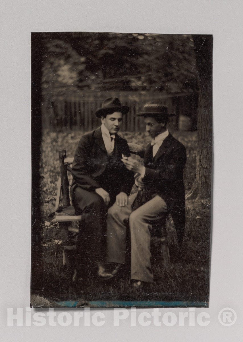 Art Print : Two Men Seated on a Bench, One with His Hand on The Leg of The Other - Artist Unknown : Vintage Wall Art