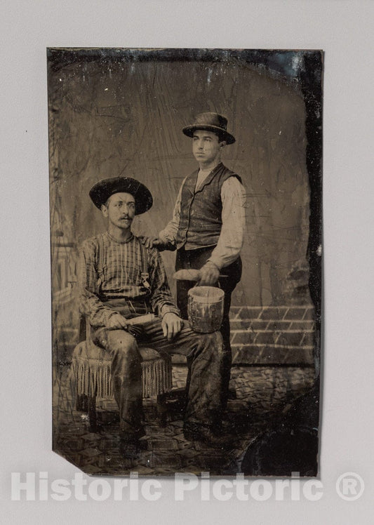 Art Print : Two Painters, One Seated and One Standing, with Brushes and a Bucket - Artist Unknown : Vintage Wall Art