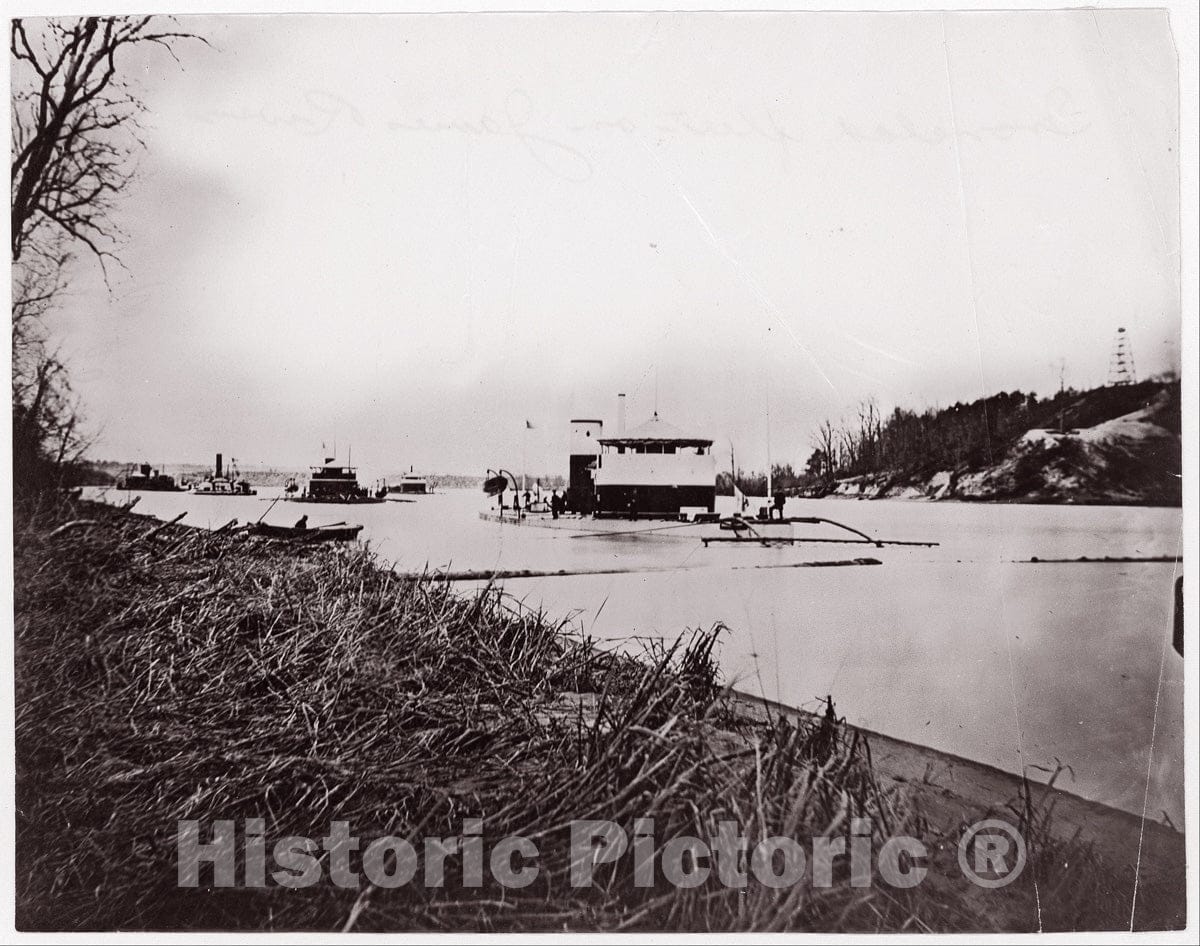 Photo Print : Formerly Mathew B. Brady - Ironclad Fleet on James River Below Rebel Howlett House Battery : Vintage Wall Art