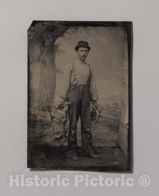 Art Print : Tinsmith in Front of Painted Outdoor Backdrop - Artist Unknown : Vintage Wall Art