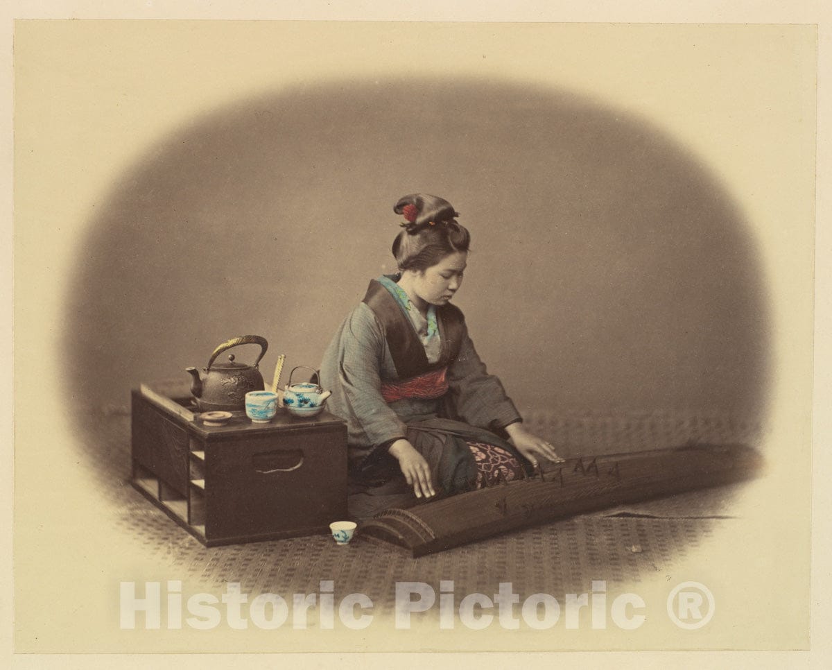 Photo Print : Felice Beato - Woman with Tea Set Playing The Koto : Vintage Wall Art
