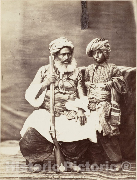 Photo Print : Turbaned Man Holding Rifle with Boy Alongside : Vintage Wall Art