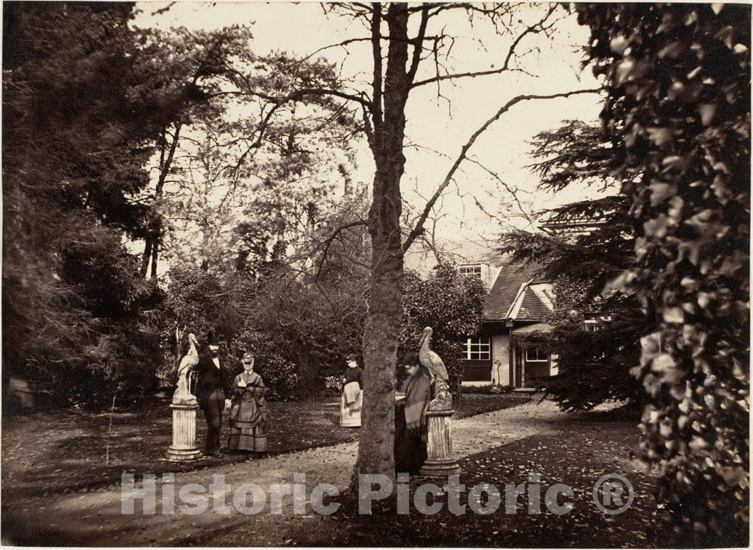 Photo Print : Autumn Scene with People on Lawn Near Cottage : Vintage Wall Art
