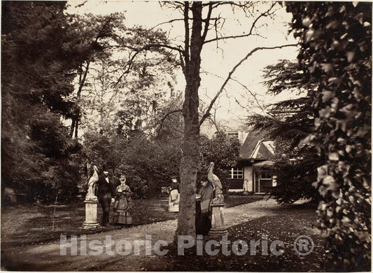 Photo Print : Autumn Scene with People on Lawn Near Cottage : Vintage Wall Art