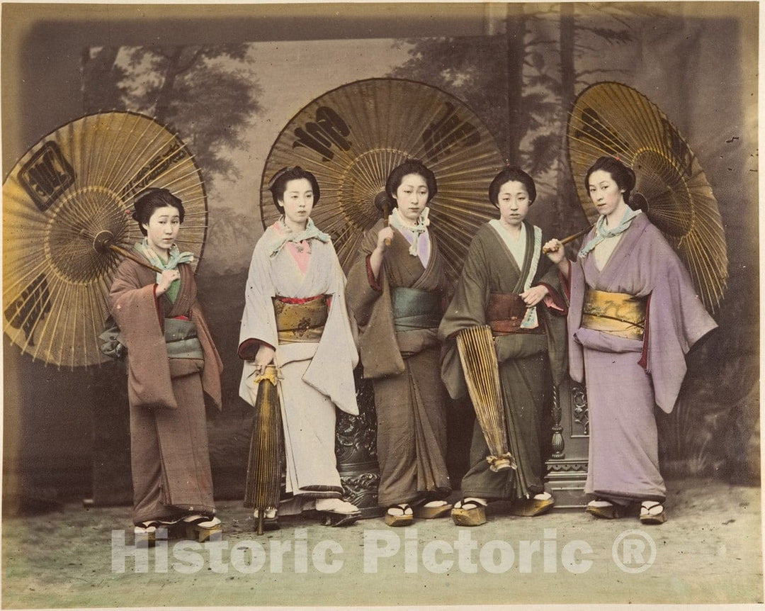 Photo Print : Five Japanese Women in Traditional Dress with Parasols : Vintage Wall Art