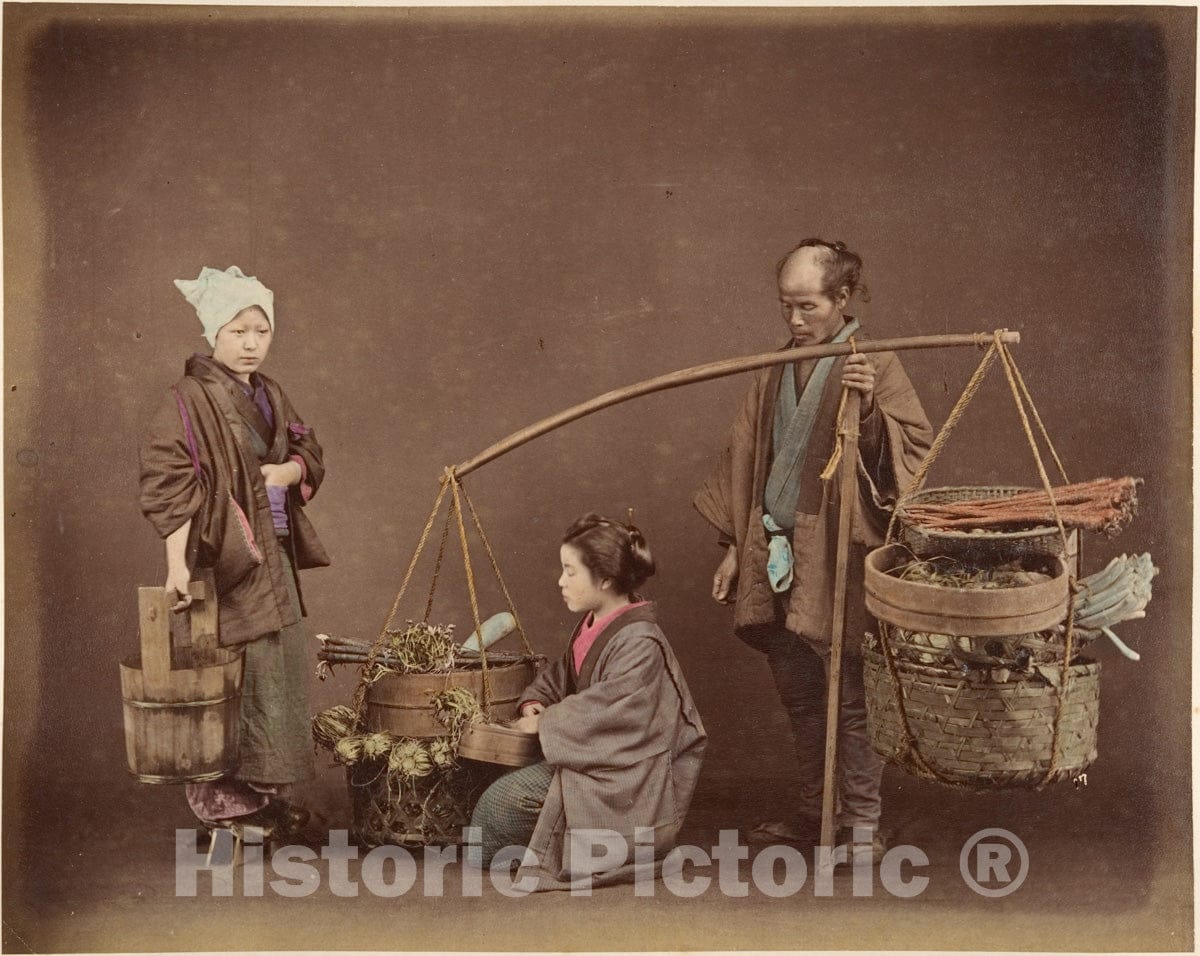 Photo Print : Two Japanese Women and One Japanese Man Posing with Water Bucket and Baskets : Vintage Wall Art