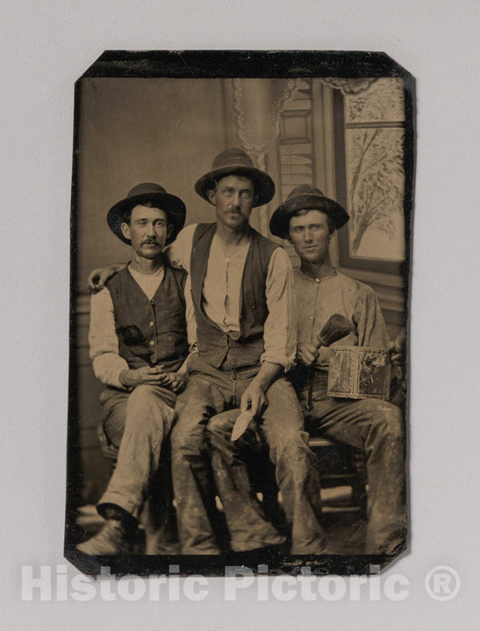 Art Print : Three Painters, with Brushes and a Can of Paint, in Front of a Painted Window Backdrop - Artist Unknown : Vintage Wall Art