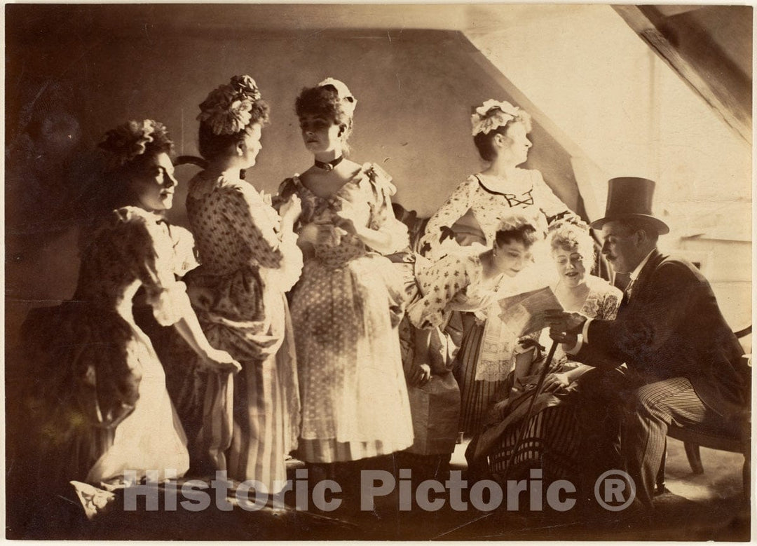 Photo Print : A Group of Six Costumed Women Posed in Interior with Top Hatted Gentlemen : Vintage Wall Art