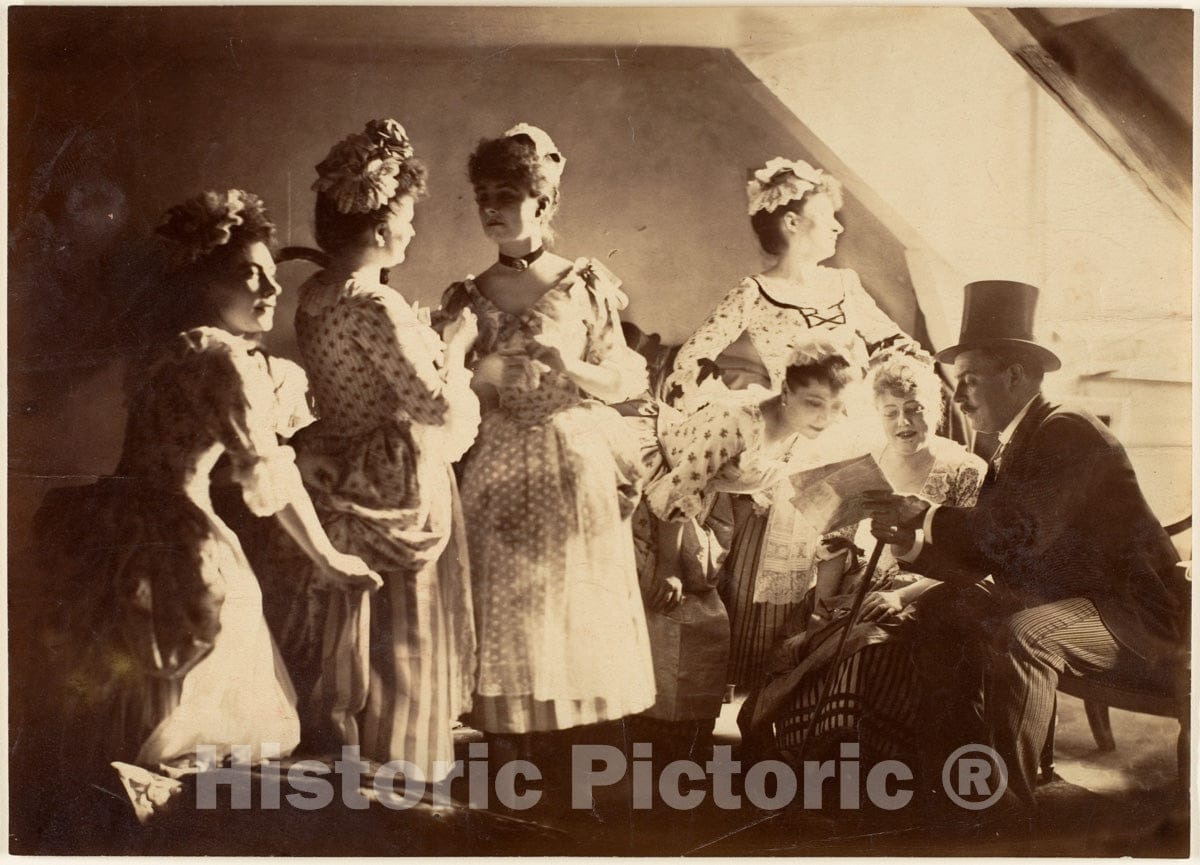 Photo Print : A Group of Six Costumed Women Posed in Interior with Top Hatted Gentlemen : Vintage Wall Art